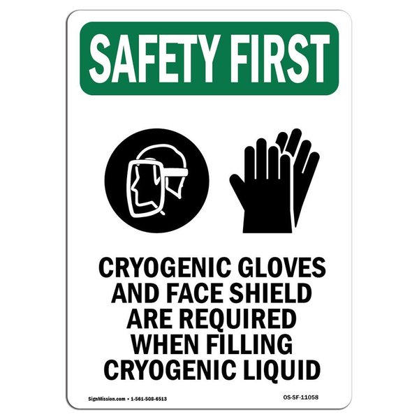 Signmission OSHA Sign, Cryogenic Gloves And W/ Symbol, 24in X 18in Rigid Plastic, 18" W, 24" H, Portrait OS-SF-P-1824-V-11058